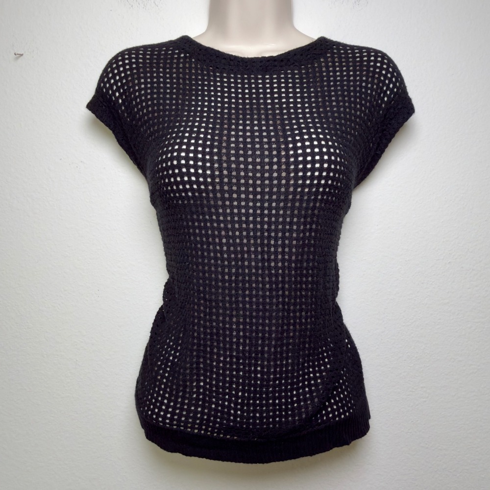 Women y2k Crochet Open Knit Mesh Top Medium Black Sleeveless Grunge Indie